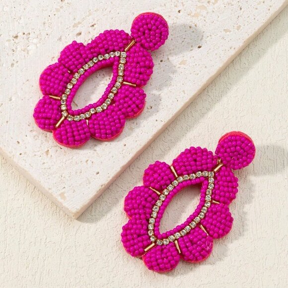 Jewelry - Hot Pink Women's 3d Petals Resin Bead Handmade Woven Earrings